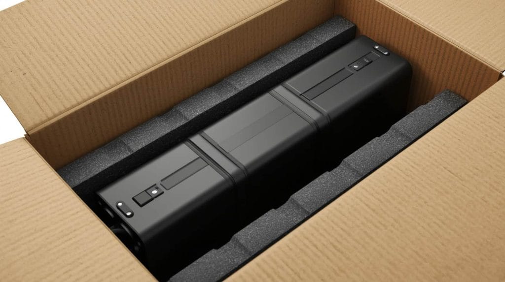 Elcykelbatteri pakket ned i kasse klar til at blive sendt